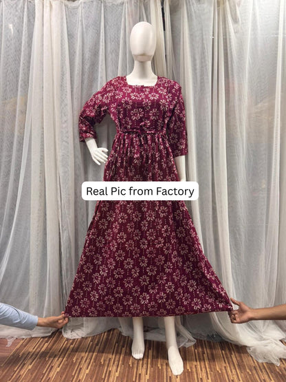 Iris Flower  - Wine - Maternity Kurti with Feeding Zips - Cotton Flex - Thicker Fabric