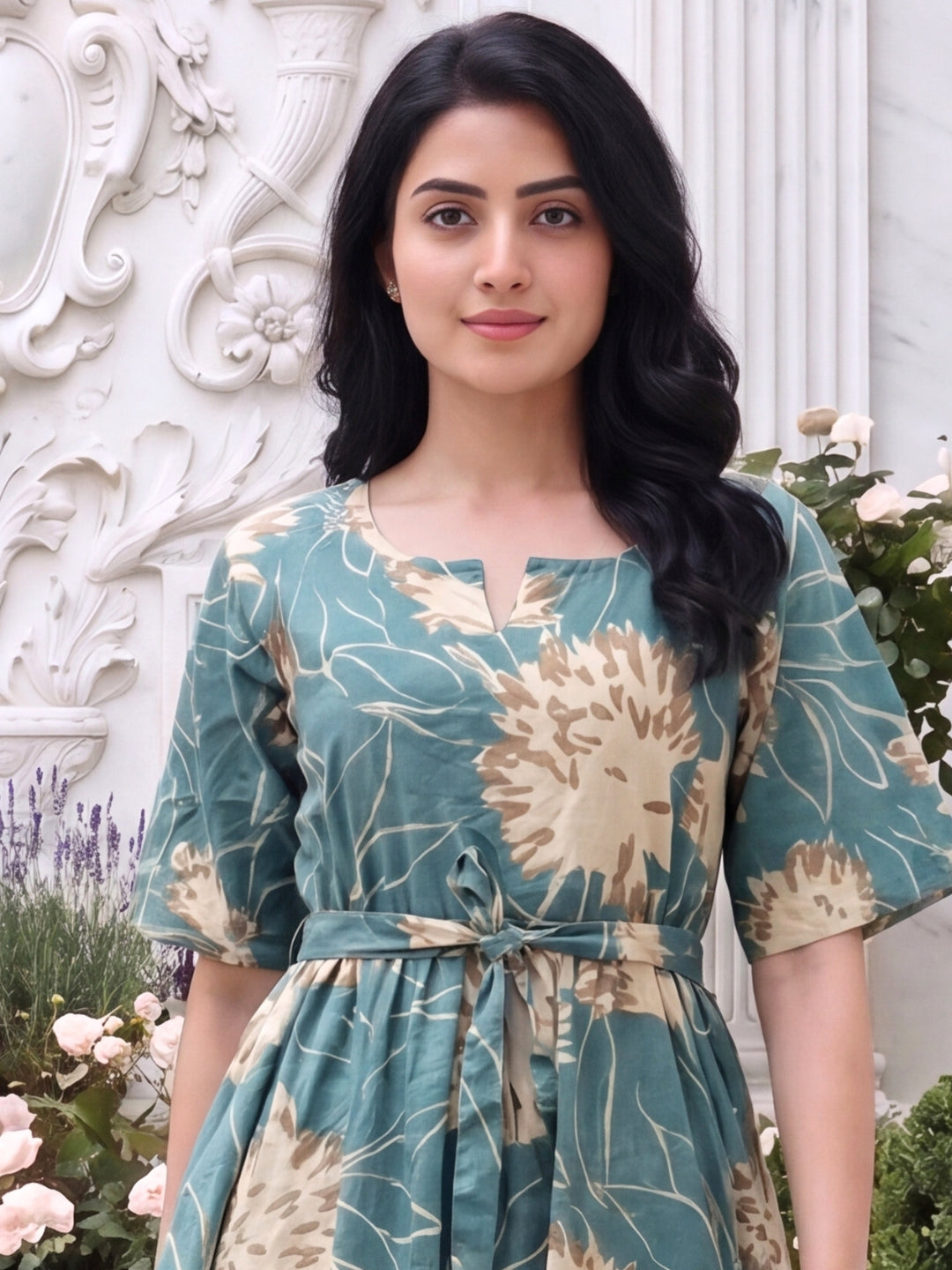 Turquoise Cream- Short Sleeves Midi Dress -  Pure Cotton