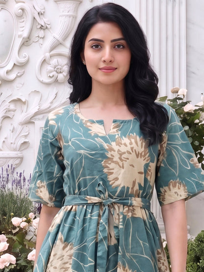 Turquoise Cream- Short Sleeves Midi Dress -  Pure Cotton