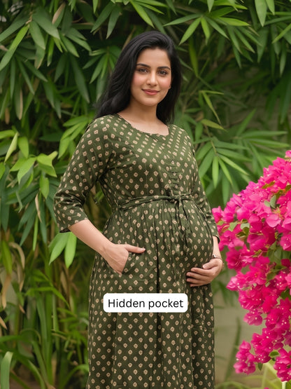 Amrapali Green - Maternity Dress with Feeding Zips - Soft Rayon