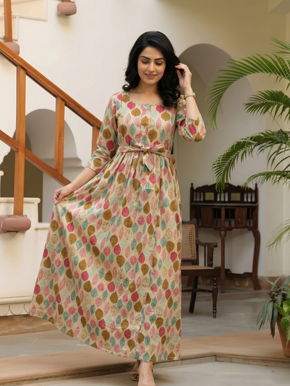 Beach Pink Petals - Maternity Kurti with Feeding Zips - Cotton Flex - Thicker Fabric