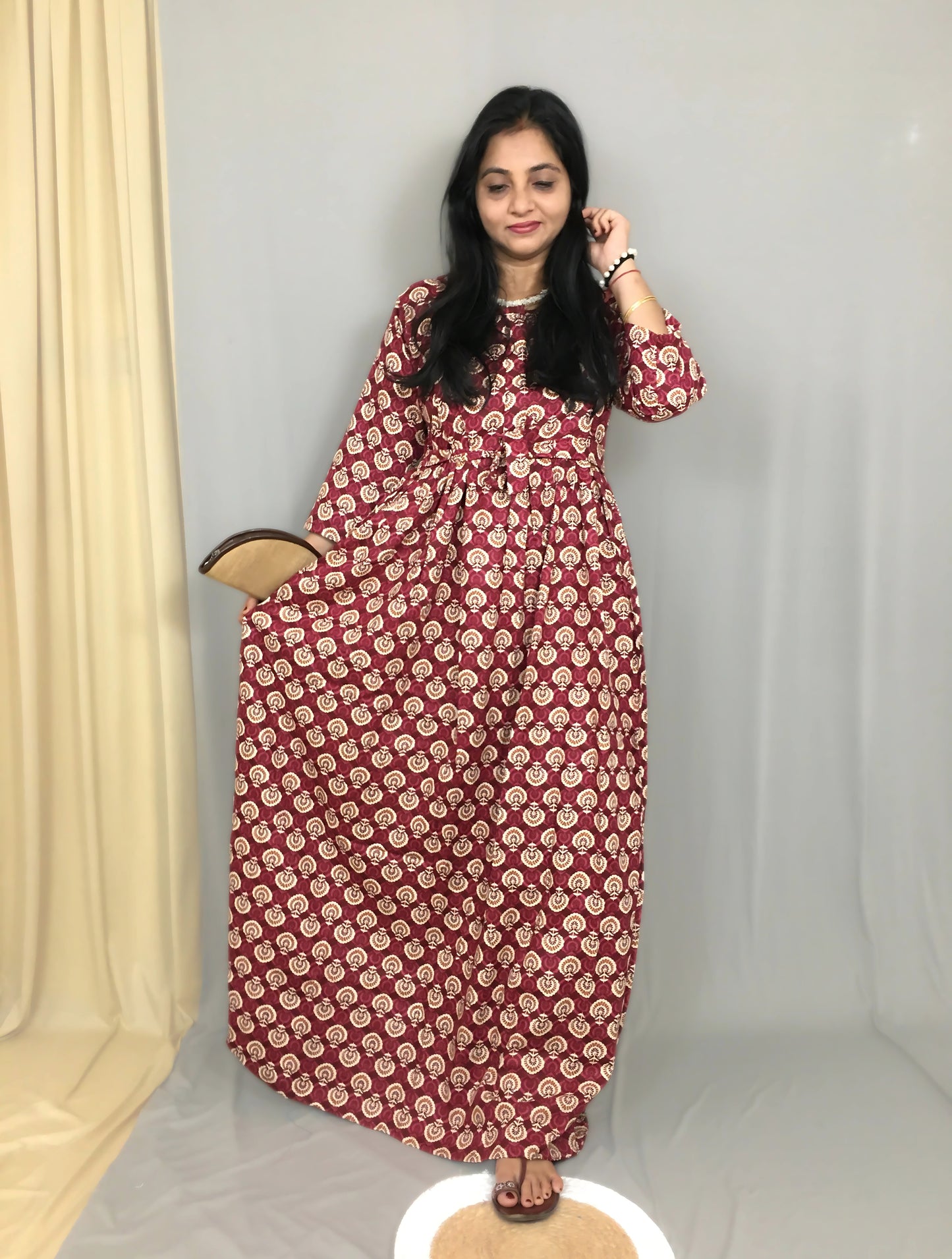 Sunflower - Wine - Maternity Kurti with Feeding Zips - Cotton Flex - Thicker Fabric