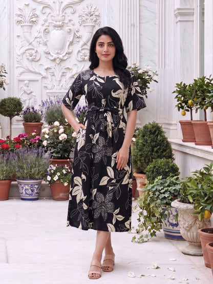 Lily Flower Black - Short Sleeves Midi Dress -  Pure Cotton