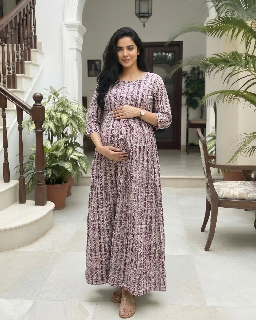 Keri Purple - Maternity Kurti with Feeding Zips - Cotton Flex - Thicker Fabric