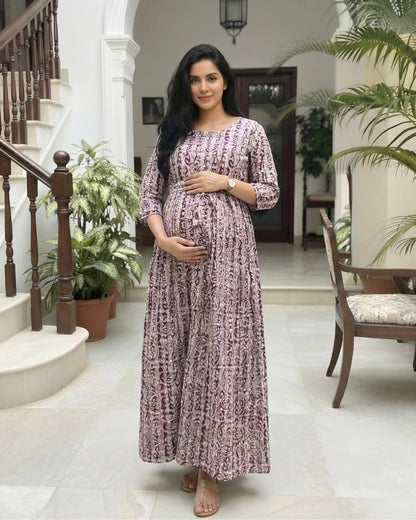 Keri Purple - Maternity Kurti with Feeding Zips - Cotton Flex - Thicker Fabric