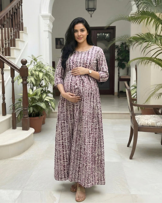 Keri Purple - Maternity Kurti with Feeding Zips - Cotton Flex - Thicker Fabric