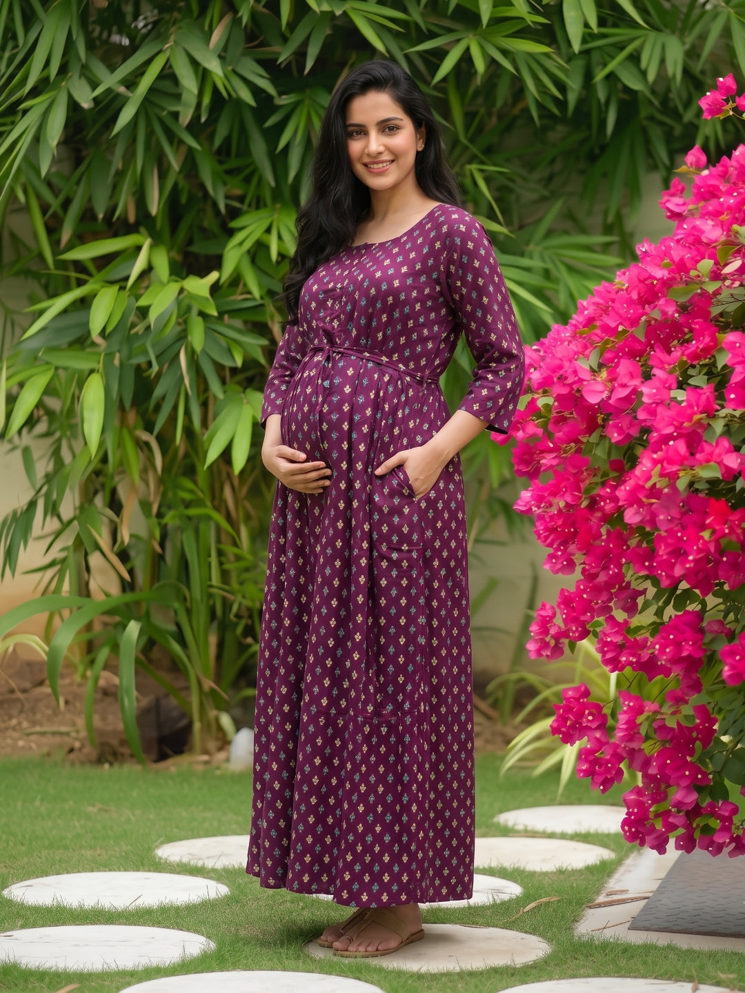 Kairavi - Purple - Maternity Dress with Feeding Zips - Soft Rayon