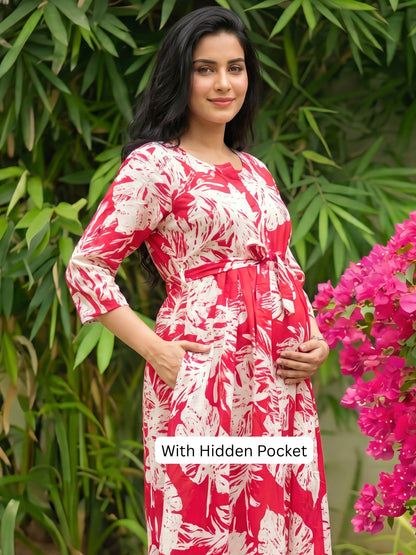 Swiss Red - Maternity Dress with Feeding Zips - Soft Rayon