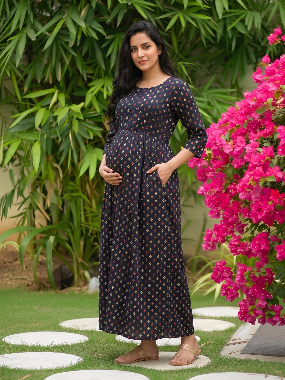Kairavi - Blue - Maternity Dress with Feeding Zips - Soft Rayon