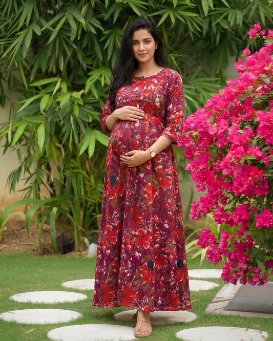 Floral - Wine - Maternity Kurti with Feeding Zips - Soft Rayon