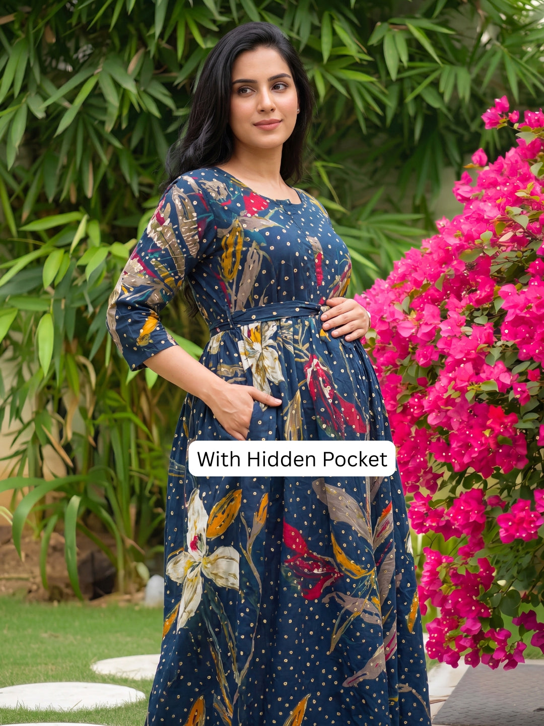 Nerium Flower - Blue - Maternity Kurti with Feeding Zips - Soft Rayon