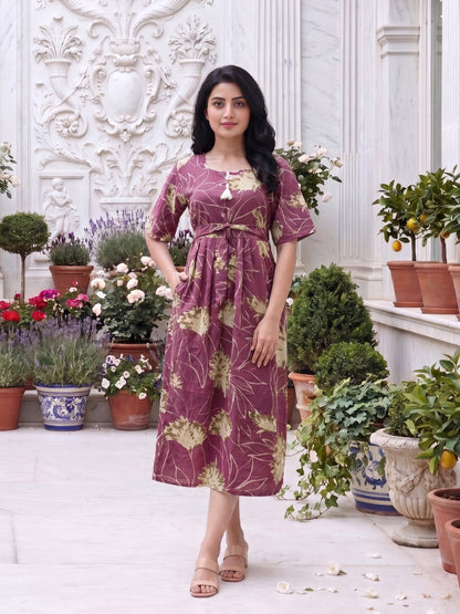 Pink Cream- Short Sleeves Midi Dress -  Pure Cotton