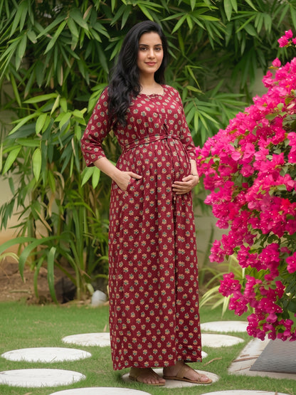 Curly Rose - Red - Maternity Dress with Feeding Zips - Soft Rayon