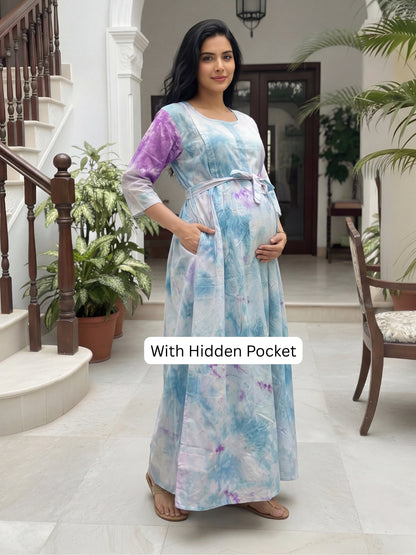 Tye Dye - Sky Blue Purple - Maternity Kurti with Feeding Zips - Soft Rayon