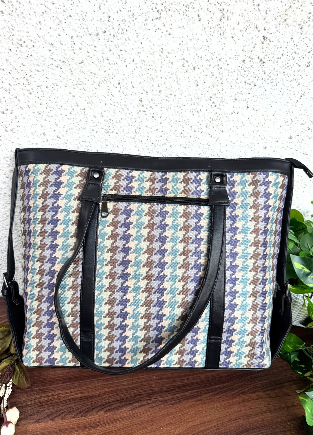 Blue Brown Checks - Office & College Tote Bag with Laptop Compartment