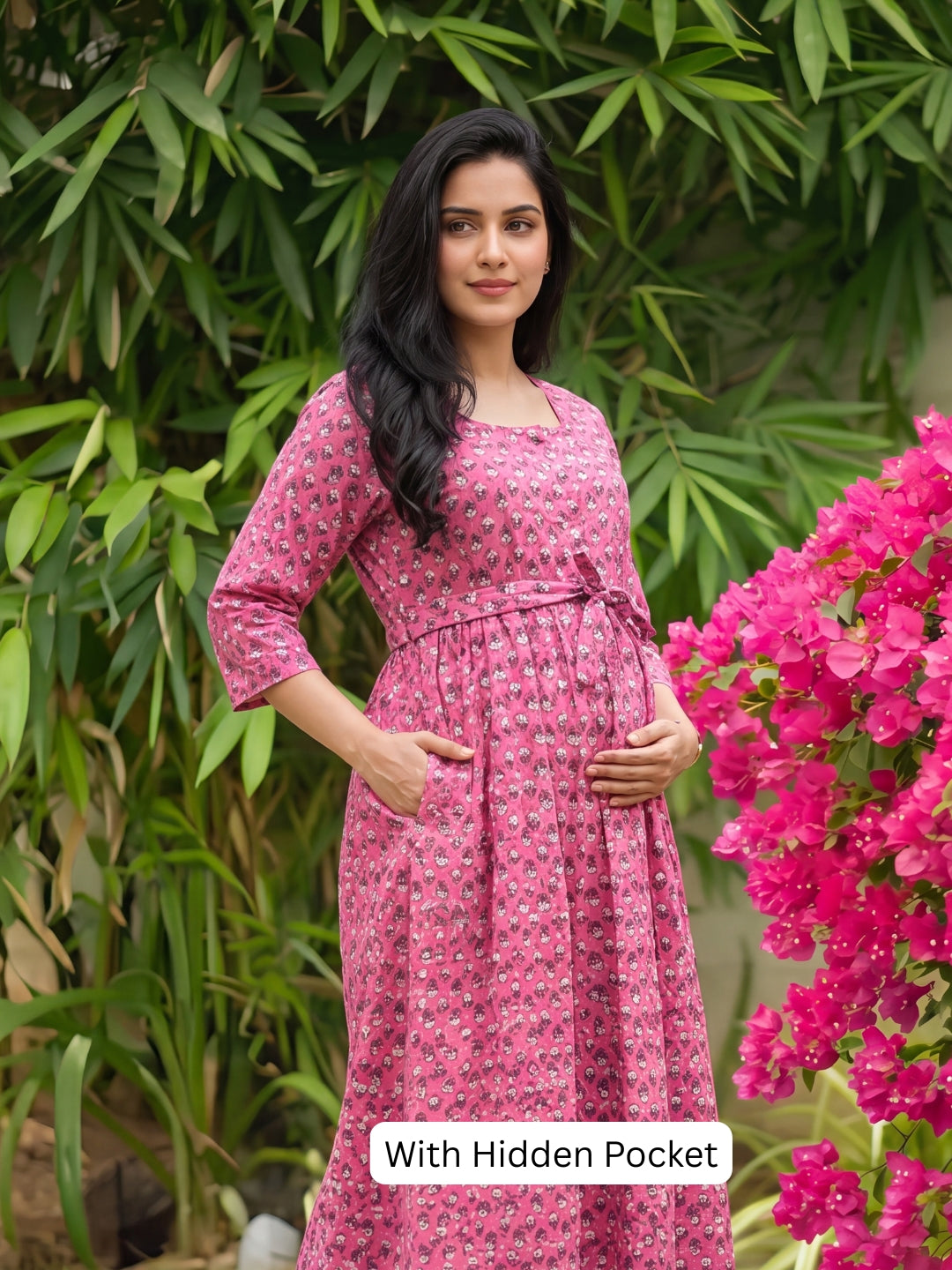 Pink Grey Flower - Maternity Dress with Feeding Zips - Pure Cotton