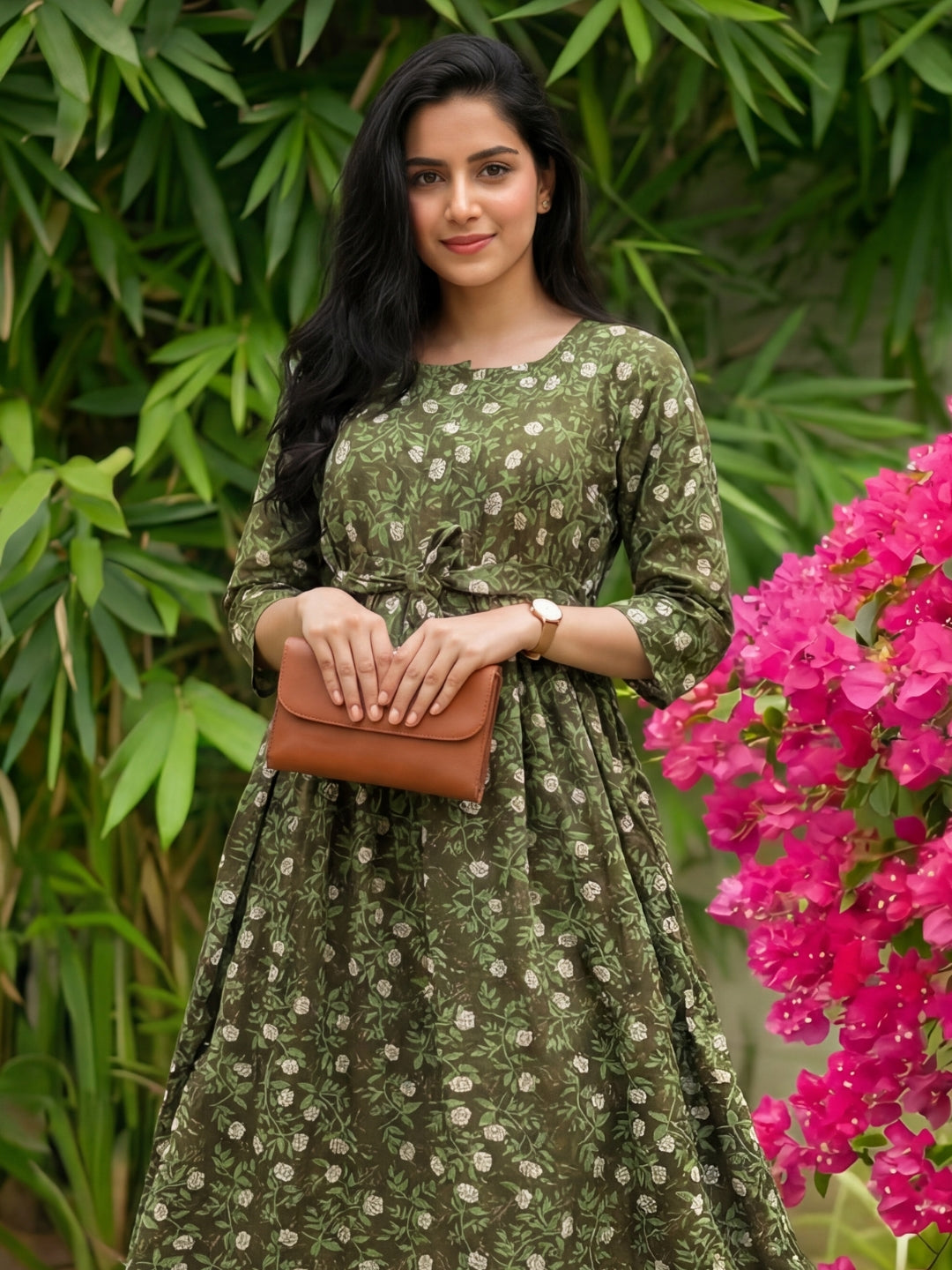 Rose Green - Maternity Kurti with Feeding Zips - Soft Rayon