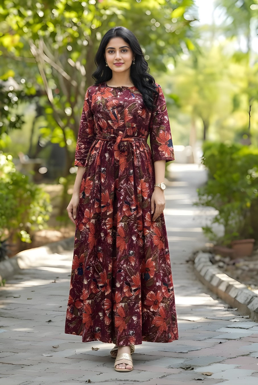Floral - Wine - Maternity Kurti with Feeding Zips - Soft Rayon