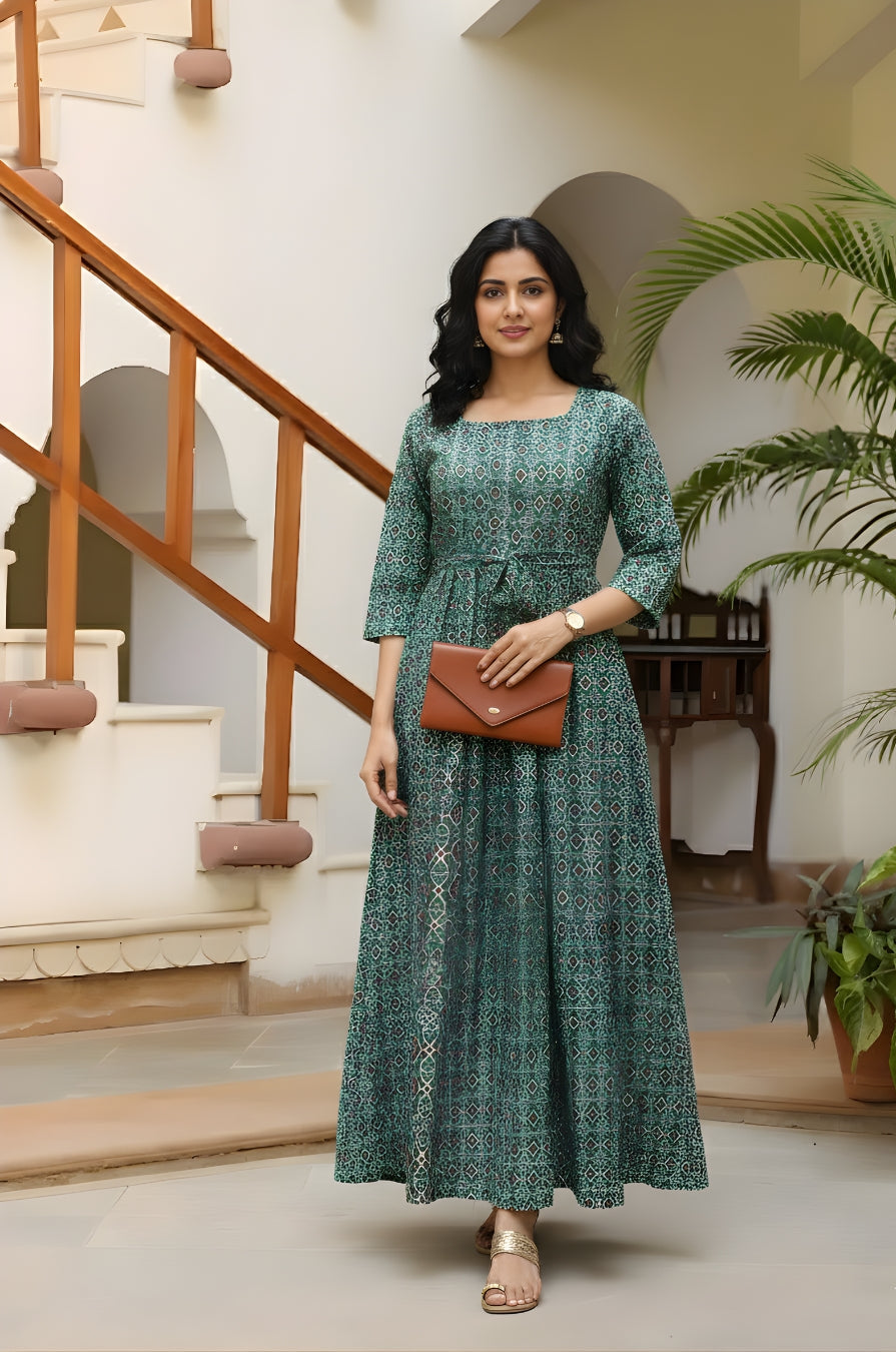 Ajrakh Firozi - Maternity Kurti with Feeding Zips - Cotton Flex - Thicker Fabric