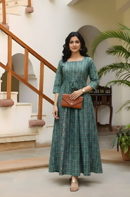 Ajrakh Firozi - Maternity Kurti with Feeding Zips - Cotton Flex - Thicker Fabric