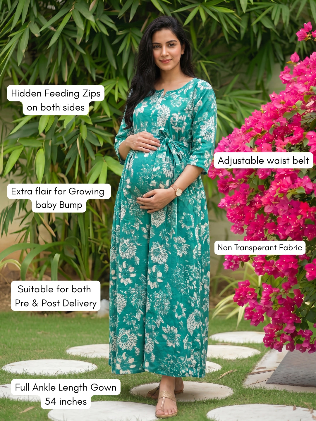 Marigold Sea Blue - Maternity Dress with Feeding Zips - Pure Cotton