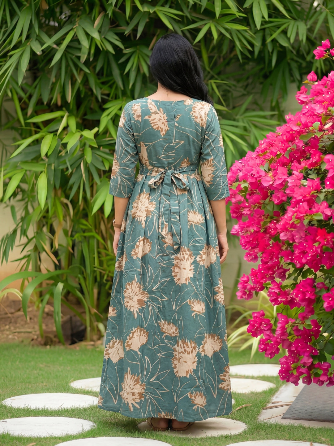 Turquoise Cream Flower - Maternity Kurti with Feeding Zips - Cotton Flex - Thicker Fabric