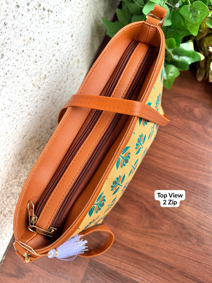 Minsk - 3 zip- Big size - Sling Bag - Yellow Green Flower