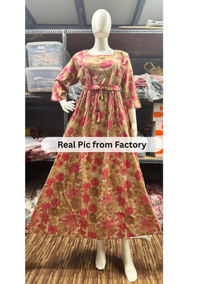 Daisy Baby Pink & Brown - Maternity Kurti with Feeding Zips - Cotton Flex - Thicker Fabric