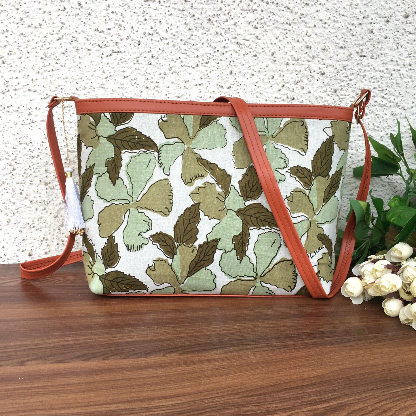 Minsk - 3 zip- Big size - Sling Bag - Flower & Leafs - Green