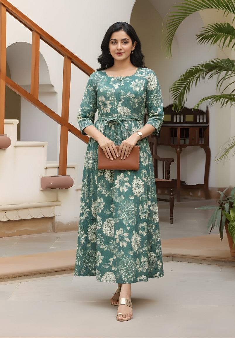 Marigold Sea Blue - Maternity Kurti with Feeding Zips - Cotton Flex - Thicker Fabric