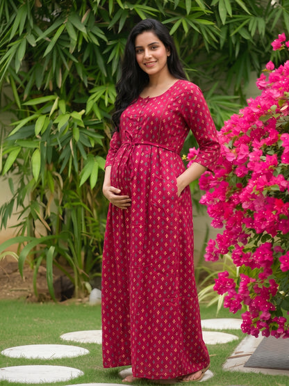 Kairavi - Pink - Maternity Dress with Feeding Zips - Soft Rayon