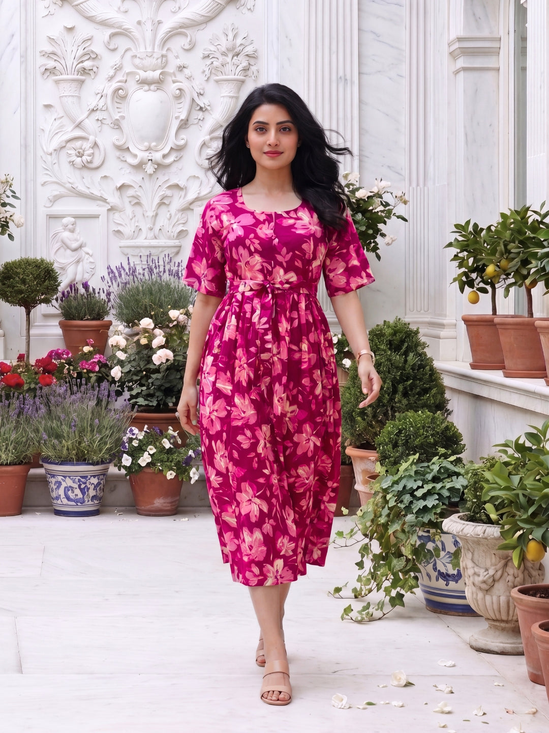 Jasmine Pink - Short Sleeves Midi Dress - Pure Cotton
