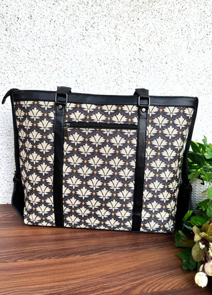 Black White Flower - Office & College Tote Bag with Laptop Compartment