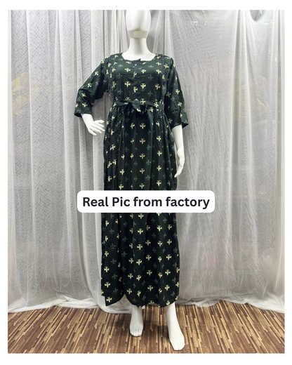 Green Cream Flower - Maternity Kurti with Feeding Zips - Soft Rayon