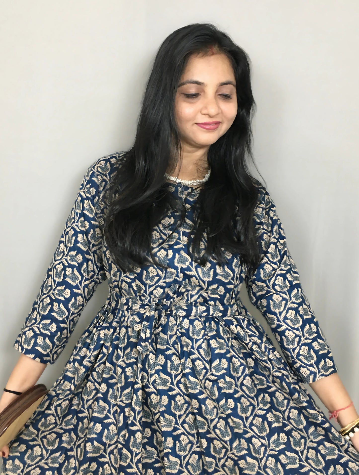 Tulip Flower - Blue - Maternity Kurti with Feeding Zips - Cotton Flex - Thicker Fabric