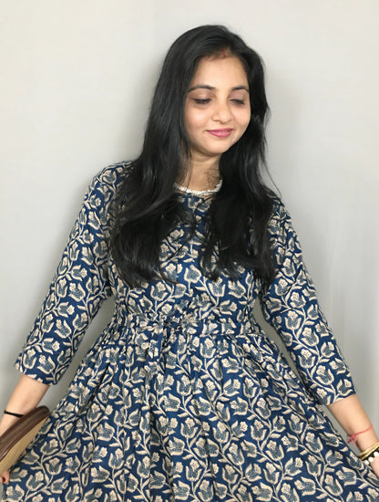 Tulip Flower - Blue - Maternity Kurti with Feeding Zips - Cotton Flex - Thicker Fabric