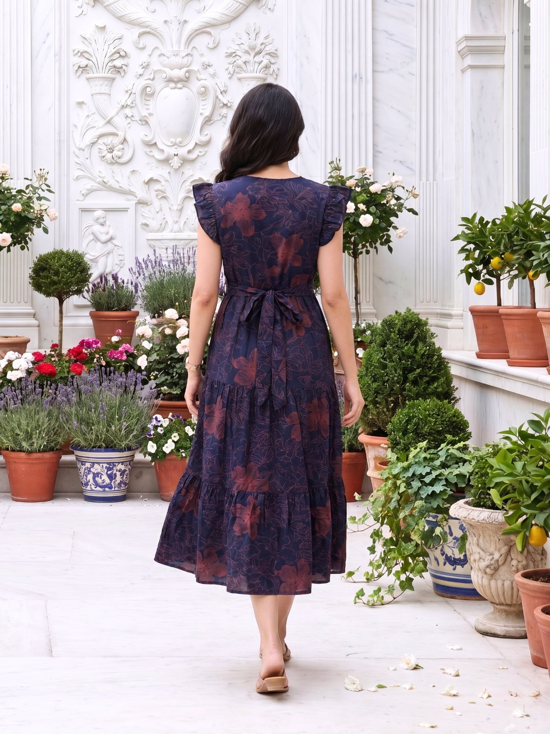 Blue Pink Hibiscus - Sleevless Midi Dress - Soft Rayon