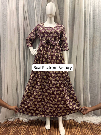 Senna Flower - Purple - Maternity Kurti with Feeding Zips - Cotton Flex - Thicker Fabric