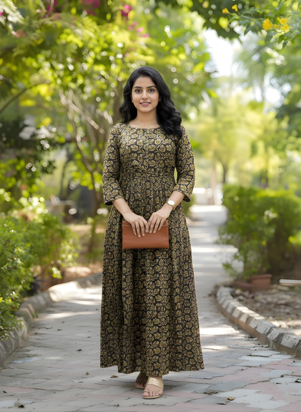 Tulip Flower - Brown - Maternity Kurti with Feeding Zips - Cotton Flex - Thicker Fabric
