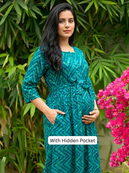 Peacock Bandhani Zigzag - Maternity Kurti with Feeding Zips - Soft Rayon
