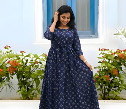 Blue Square Bandhani Print - Maternity Kurti with Feeding Zips - Cambric Flex - Thicker Fabric