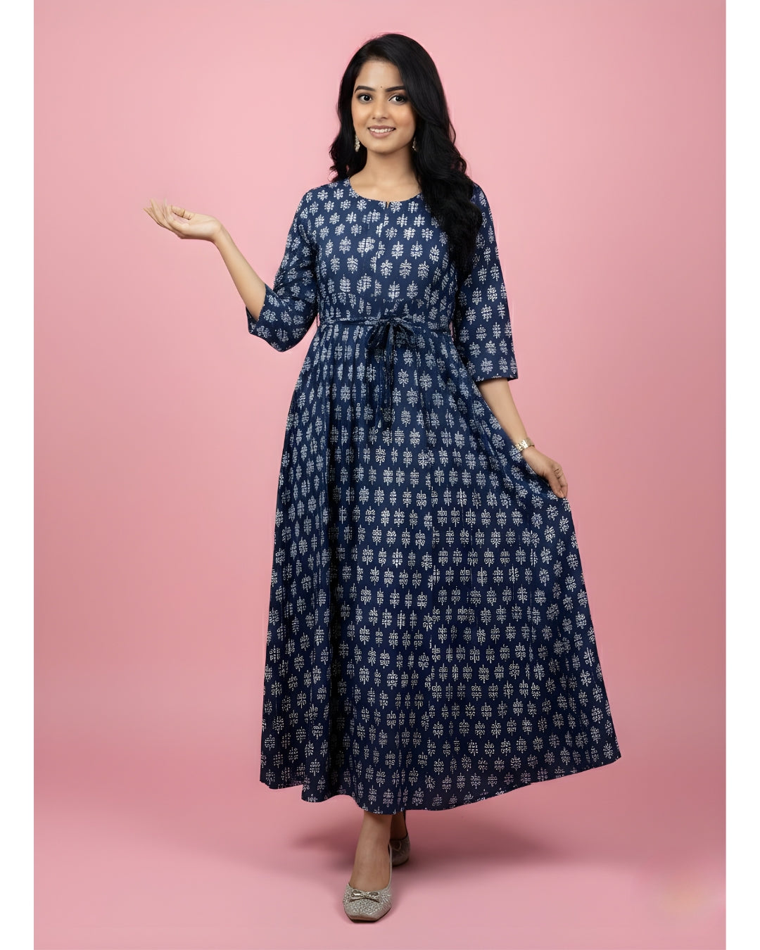 Blue Flower - Maternity Kurti with Feeding Zips - Cambric Cotton