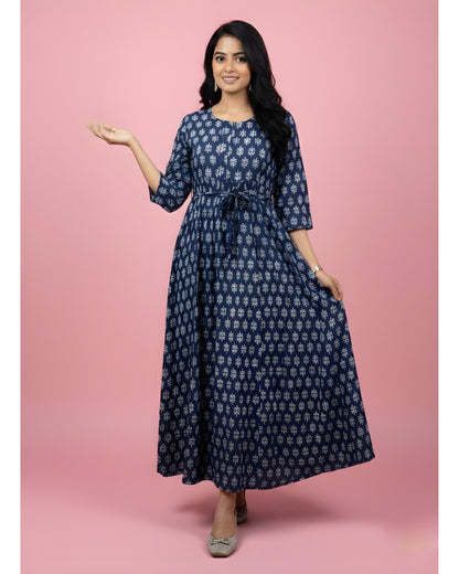 Blue Flower - Maternity Kurti with Feeding Zips - Cambric Cotton