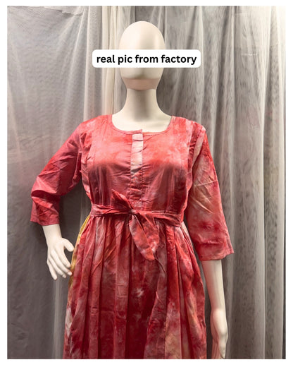 Tie Dye - Red - Maternity Kurti with Feeding Zips - Soft Rayon
