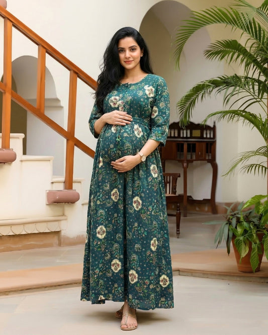 Peacock Blue White Sunflower - Maternity Kurti with Feeding Zips - Soft Rayon