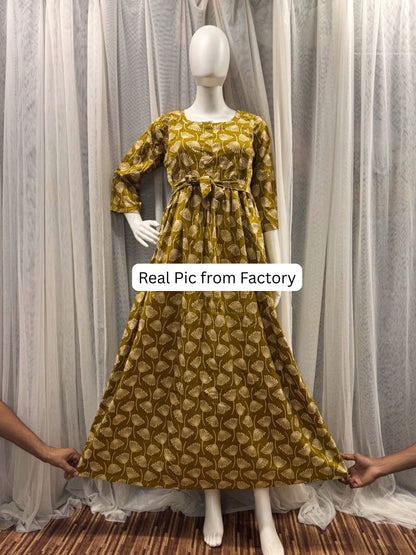 Senna Flower - Yellow - Maternity Kurti with Feeding Zips - Cotton Flex - Thicker Fabric