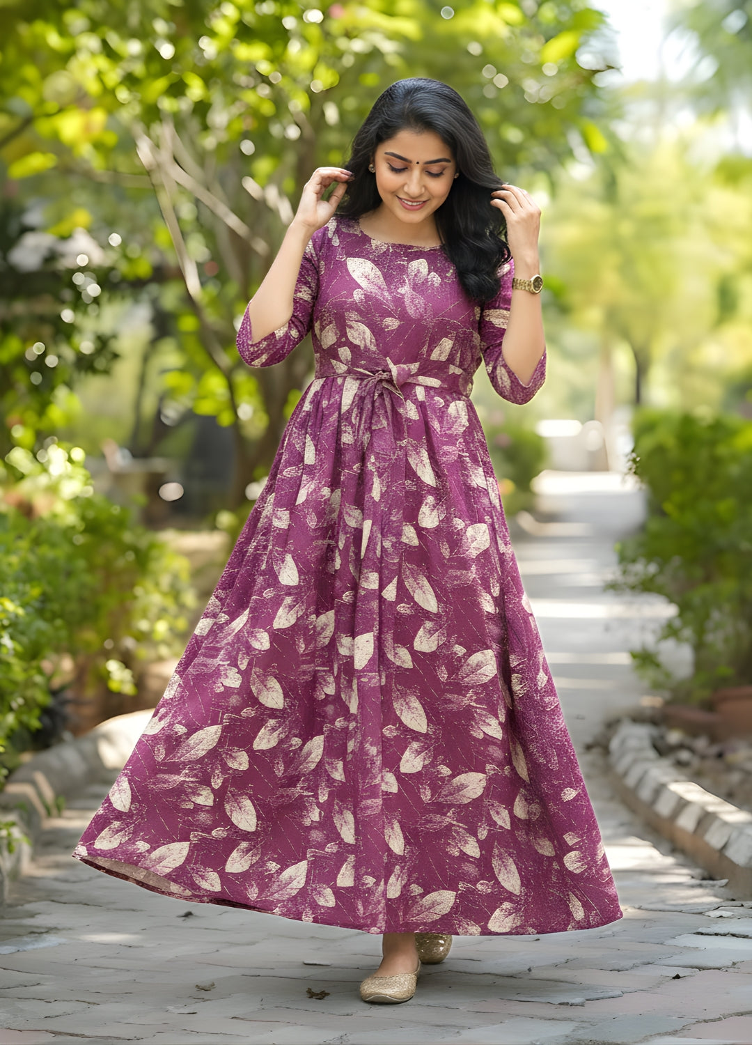 Purple FLower - Maternity Kurti with Feeding Zips - Soft Rayon