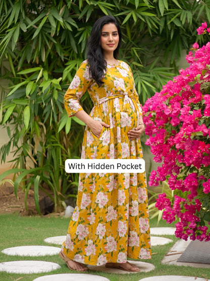 Exotic Yellow - Maternity Dress with Feeding Zips - Pure Cotton