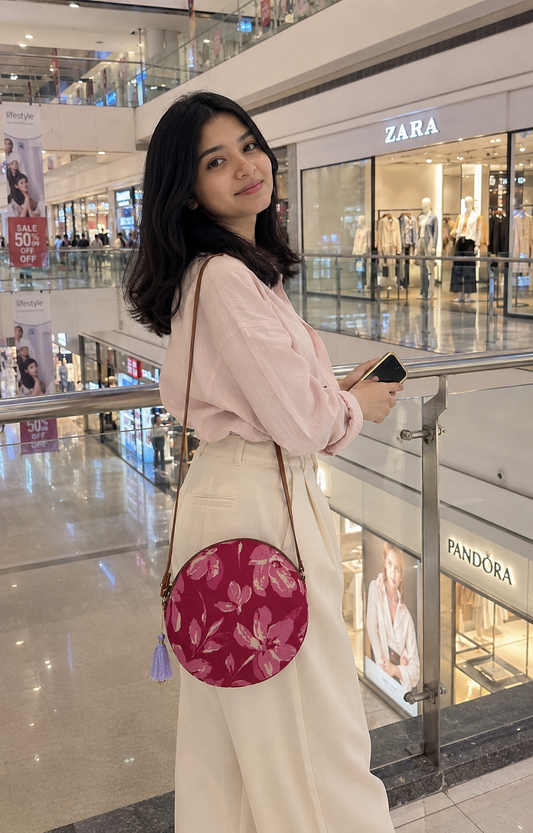 Jasmine White Pink Flower - Cute Round Sling bag