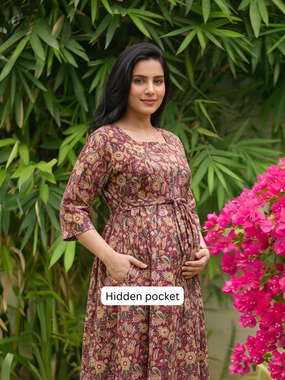 Gulmohar - Maroon - Maternity Dress with Feeding Zips - Pure Cotton
